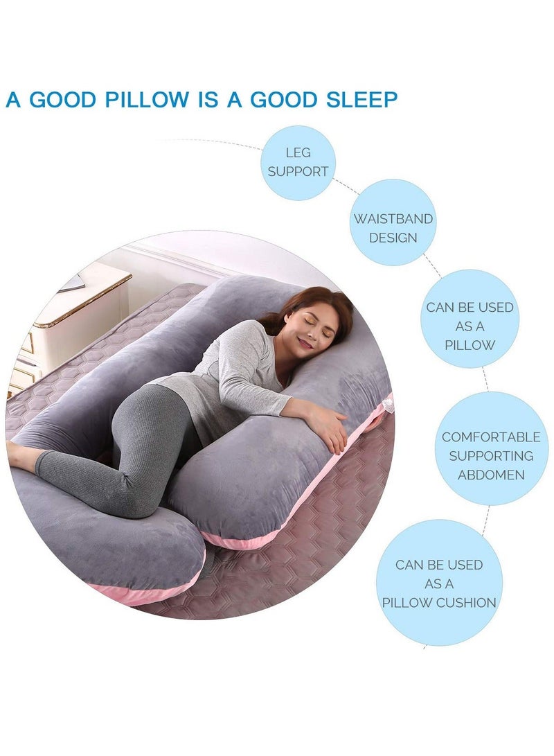 زابروس وسادة حمل ZAPRUS على شكل حرف J للنوم - وسادة حمل كاملة الجسم مع غطاء قابل للإزالة والغسل - رمادي/وردي مزدوج الجوانب - حشوة قطنية ناعمة - دعم للظهر والبطن والوركين والساقين - للنساء الحوامل ومن ينمن على جانبهن - Image 2